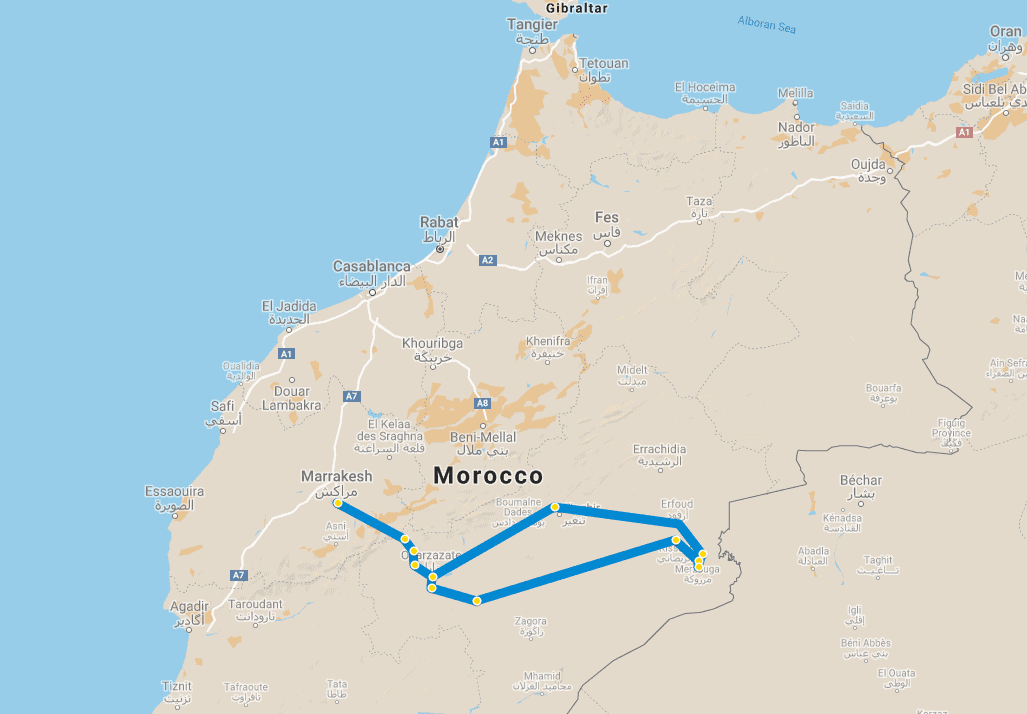 Wycieczka z Marrakeszu ERG CHEBBI CLASSIC – 5 lub 8 dni 13 5 day tour Desert Marrakech Erg Chebbi map