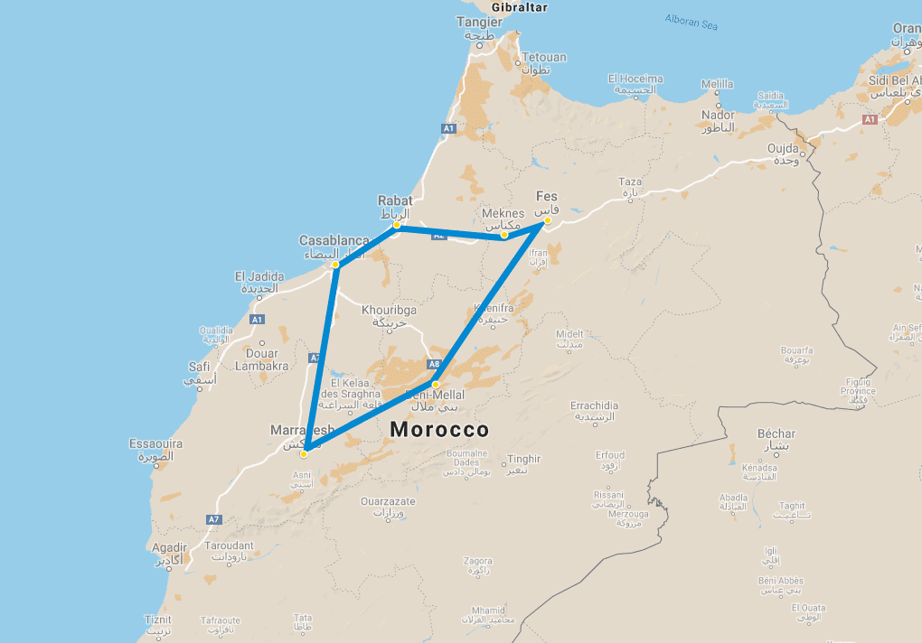 8 day tour Imperial cities of Morocco from Casablanca map