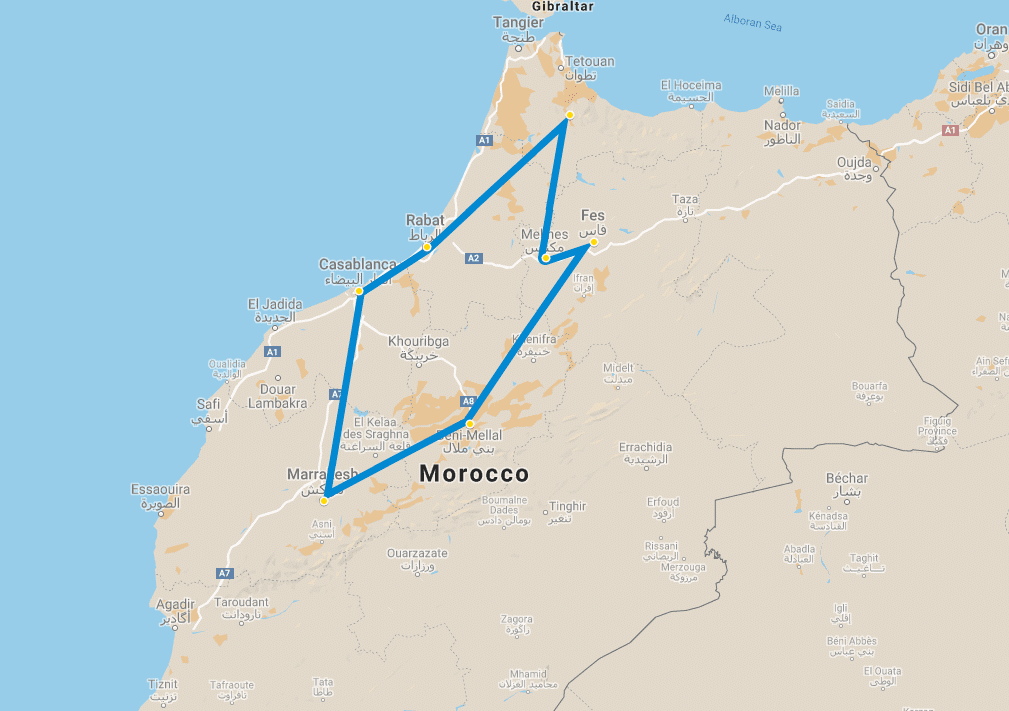 9 day tour Imperial cities of Morocco Chefchaouen from Casablanca map