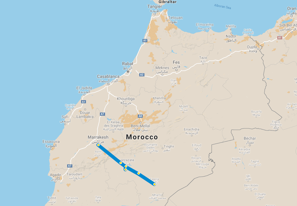 Mapa wycieczki Marrakesz-Zagora
