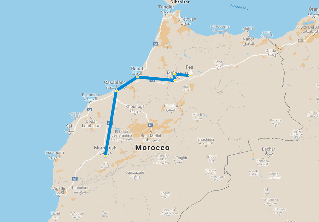 3 day tour Marrakech to Fes via Meknes map