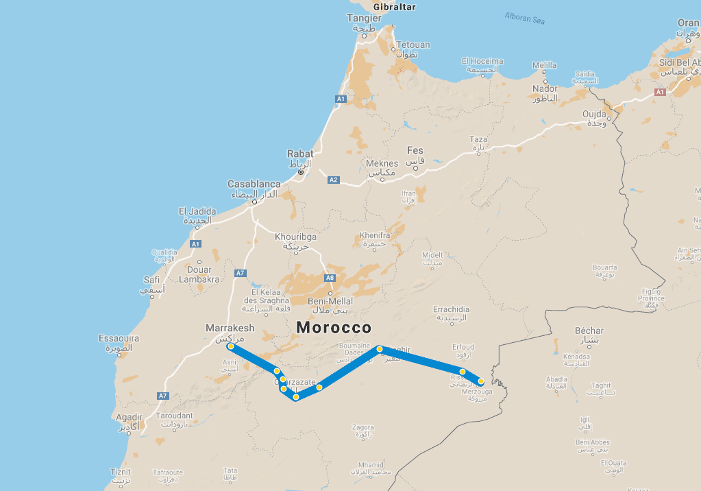 Wycieczka z Marrakeszu ERG CHEBBI EXPRESS – 3 lub 6 dni 6 4 day tour Desert Marrakech Erg Chebbi map