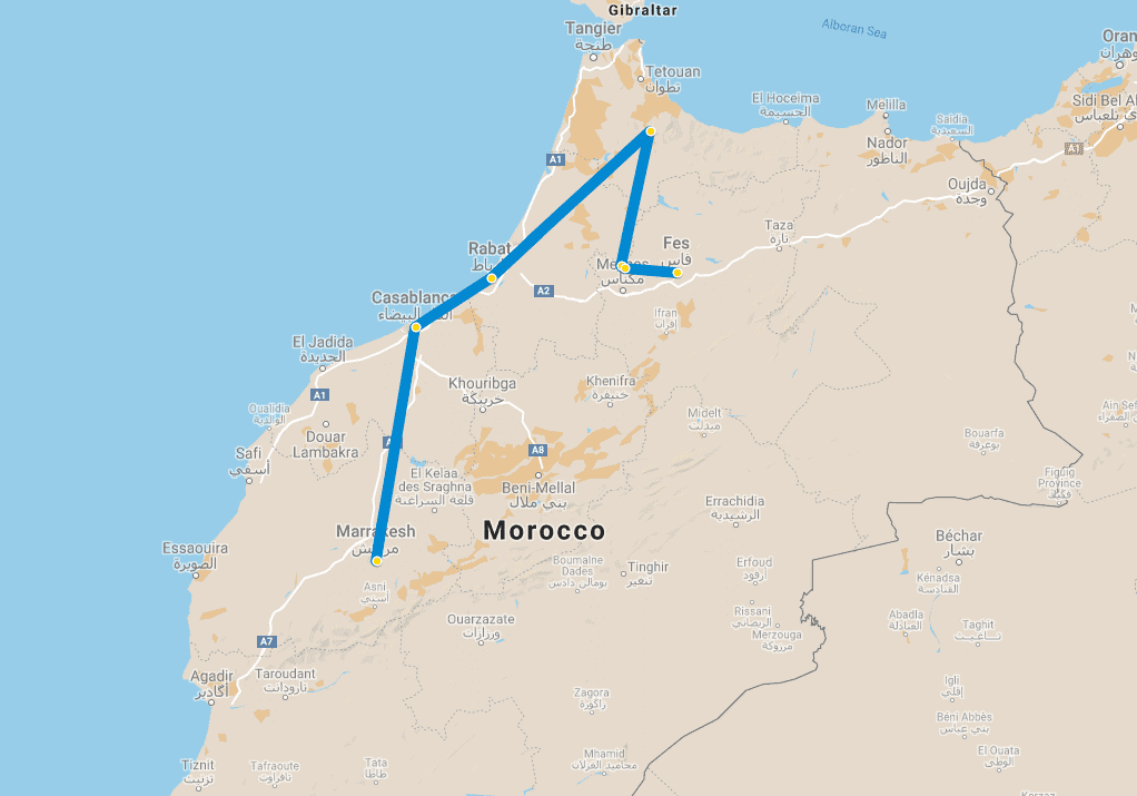 4 day tour Marrakech to Fes via Chefchaouen map