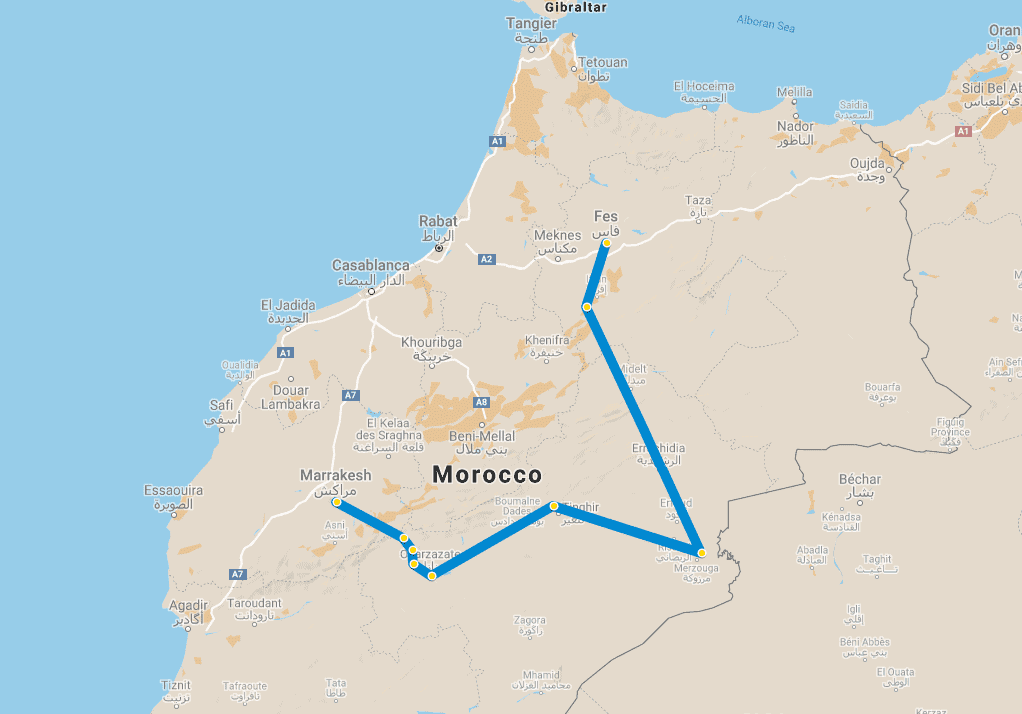 Wycieczka MARRAKESZ DO FEZ via DADES I PUSTYNIA - 5 lub 9 dni 12 4 day tour Marrakech to Fes via Desert map