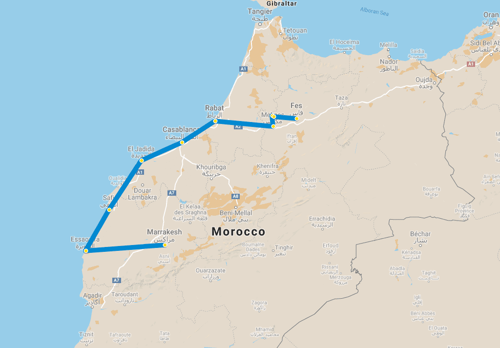 5 day tour Marrakech to Fes via Essaouira map
