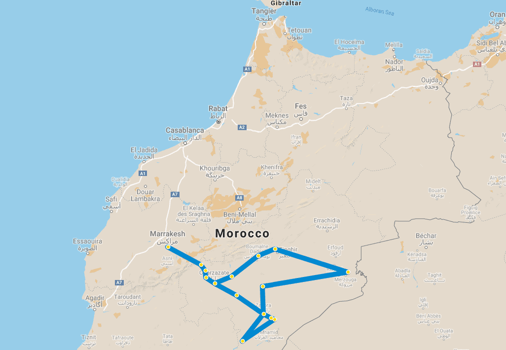 7 day tour Desert Marrakech Chegaga Chebbi map