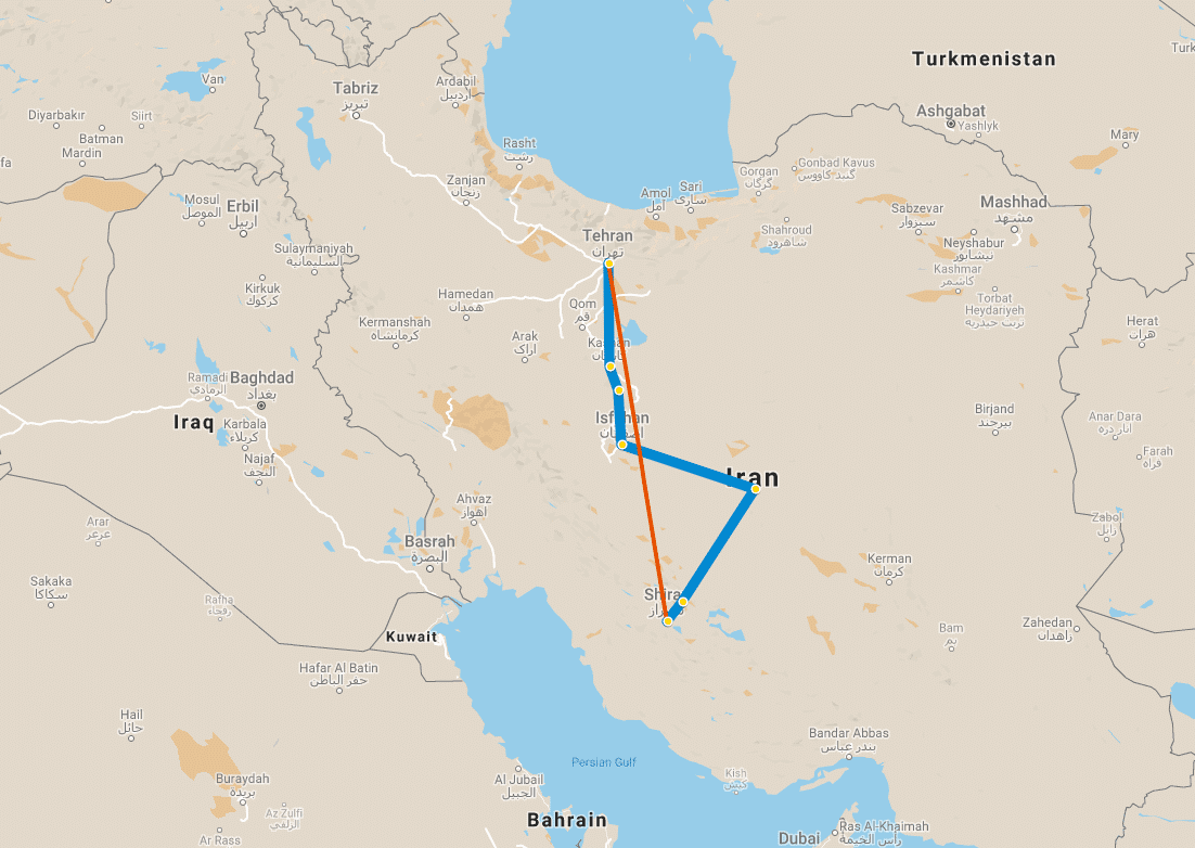 9 day tour Iran Classic map, 9 Dias Irão - Tour Clássico 9 day tour Iran Classic map