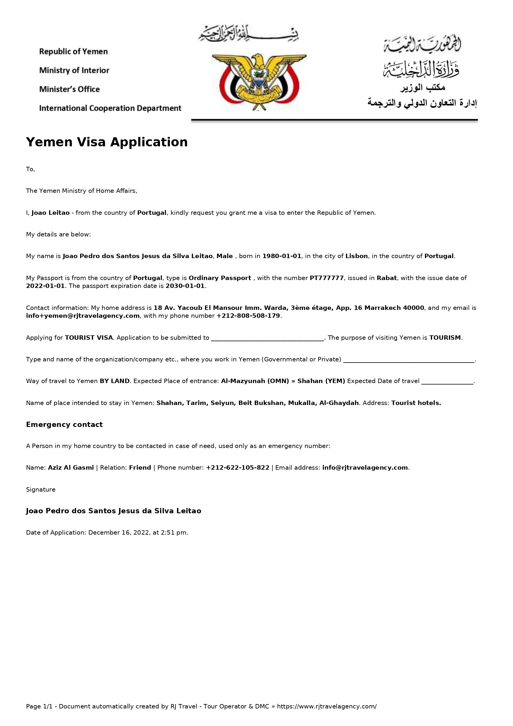 Visa Application Form Yemen