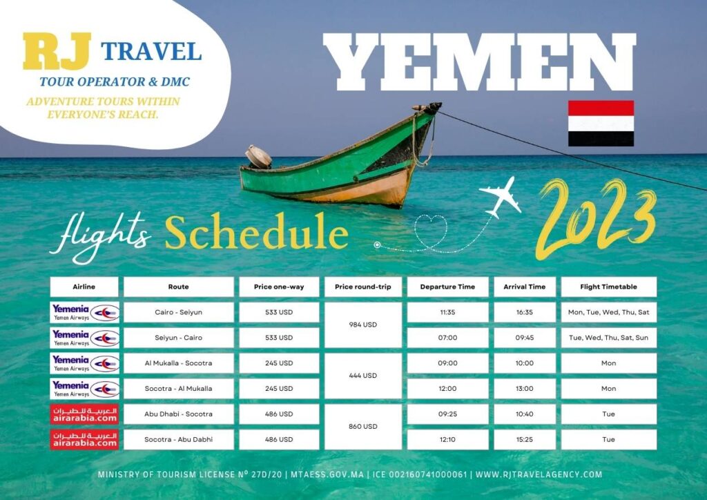 Yemen and Socotra Island flight schedule and prices