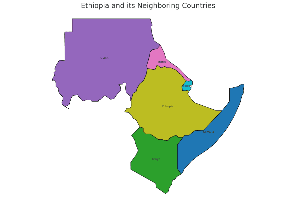 Map with the Borders of Ethiopia Geography Map with the Borders of Ethiopia