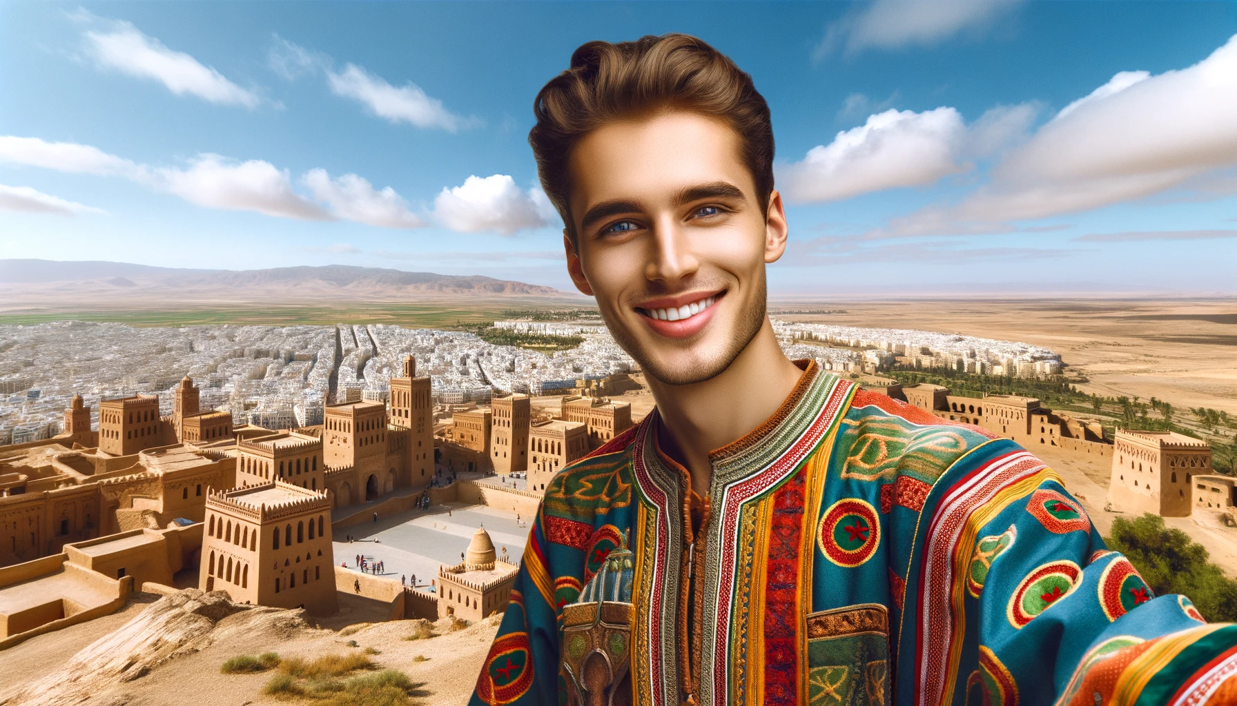 Algeria Tour Guide DALL·E 2024 01 10 12.41.34 A friendly faced tour guide from Algeria positioned horizontally in front of a famous Algerian site such as the ancient Kasbah of Algiers or the vas 1