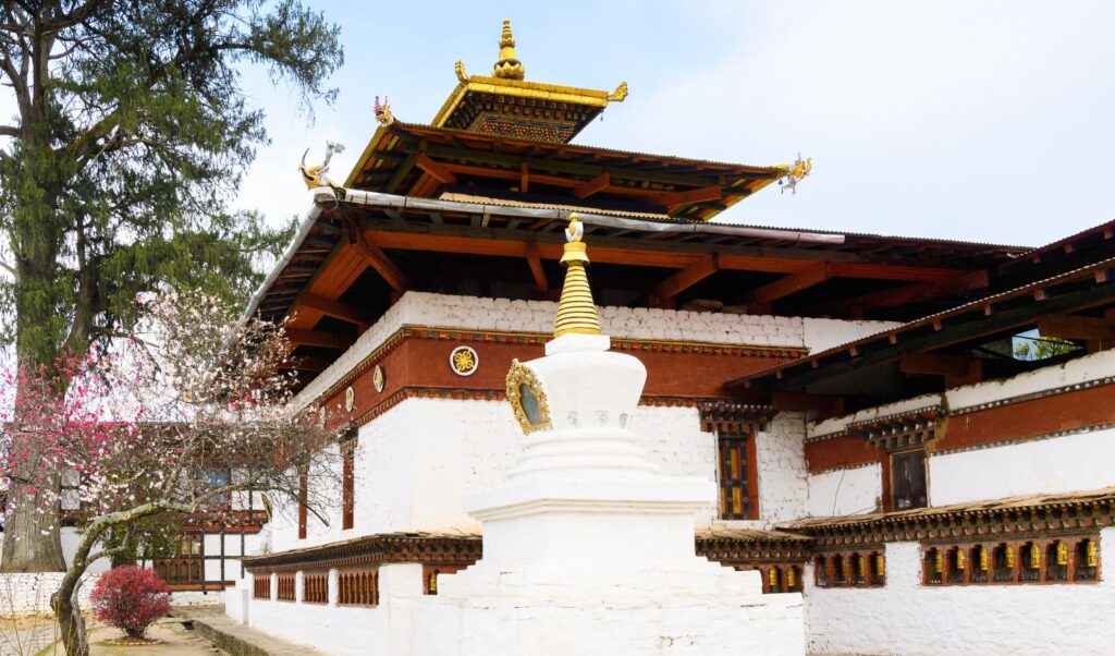 An image of Kyichu Lhakhang, one of the oldest temples in Bhutan, featuring intricate architectural details and serene surroundings.