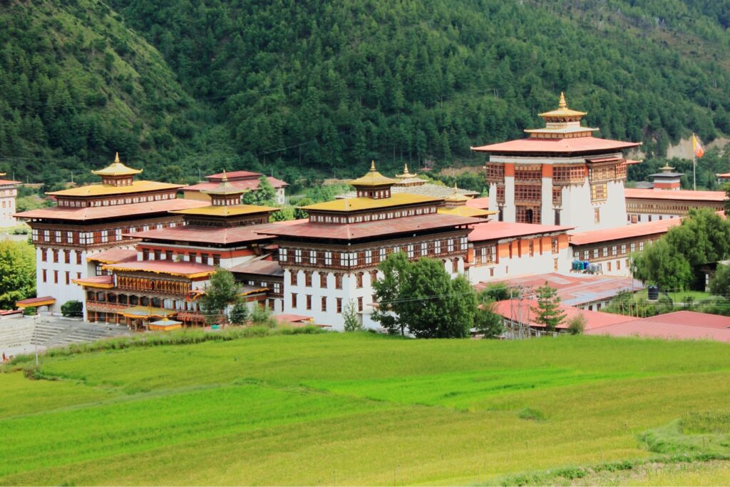 Historic building of Ta Dzong, now the National Museum of Bhutan, featuring its unique circular structure and traditional design.