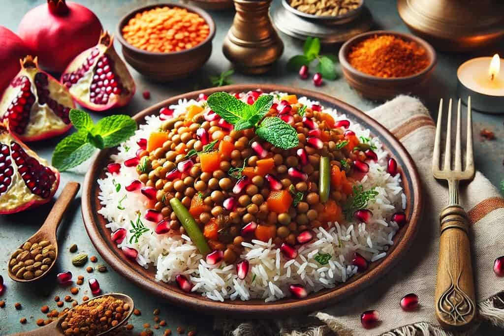 Mujaddara with Pomegranate Seeds Iraq, Recipes Mujaddara with Pomegranate Seeds