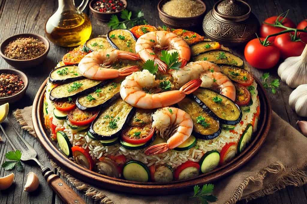 Seafood Maqluba with Shrimp and Fish Iraq, Recipes Seafood Maqluba with Shrimp and Fish