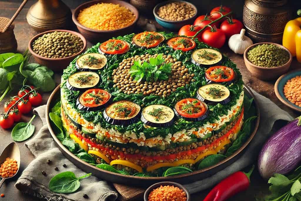 Vegetarian Maqluba with Lentils and Spinach Iraq, Recipes Vegetarian Maqluba with Lentils and Spinach